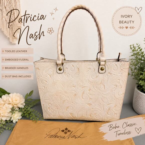 Patricia Nash Handbags - Patricia Nash Ivory Tooled Leather Tote Bag Floral Embossed Satchel Boho